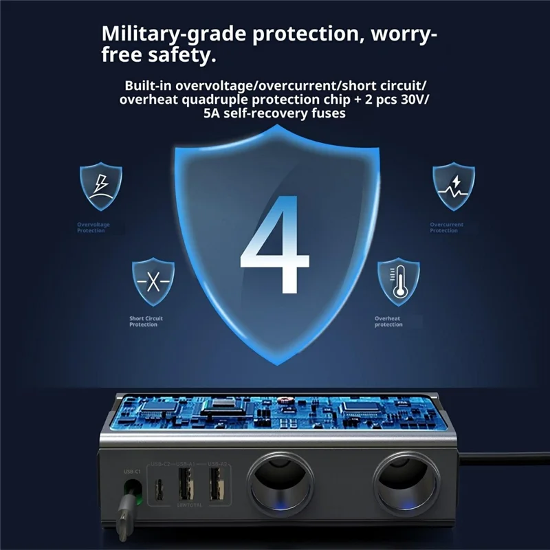 GE08 PD 65W Fast Charging Car Charger 9 in 1 Cigarette Lighter Adapter with Independent Switch and Retractable Cable