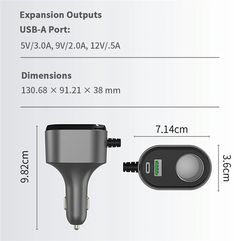 GE08 PD 65W Fast Charging Car Charger 9 in 1 Cigarette Lighter Adapter with Independent Switch and Retractable Cable