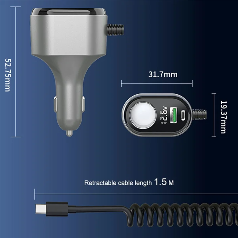 GE09 PD 65W Fast Charging Car Charger Cigarette Lighter Adapter with Spring Wire Charger Temperature Control Protection