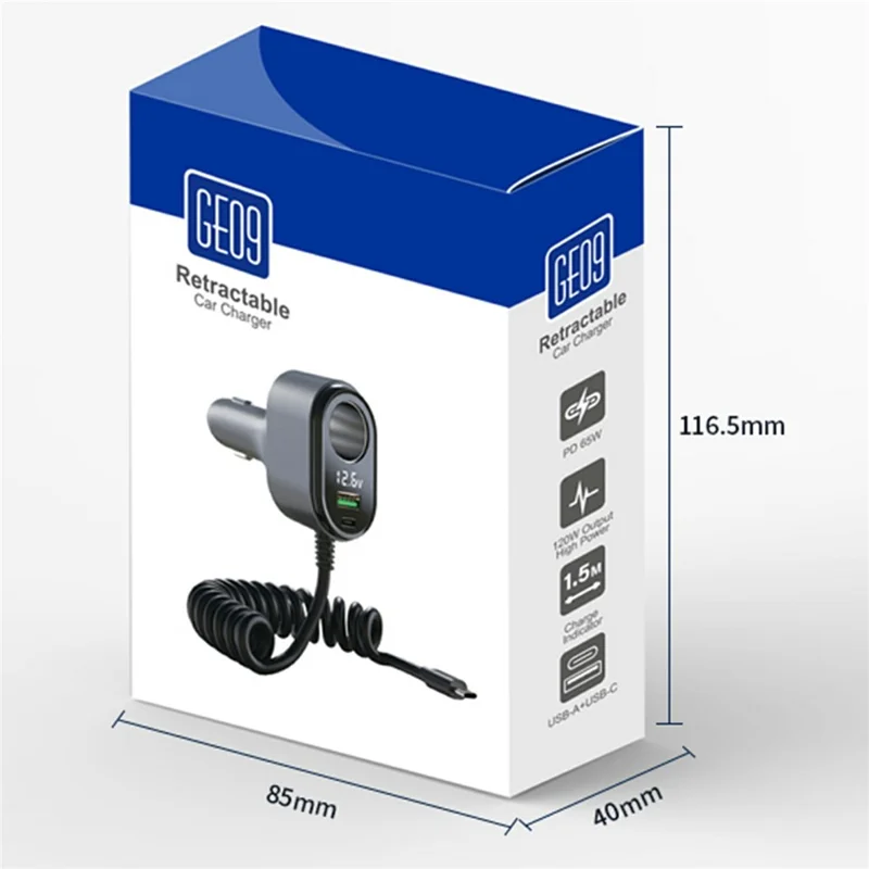 GE09 PD 65W Fast Charging Car Charger Cigarette Lighter Adapter with Spring Wire Charger Temperature Control Protection