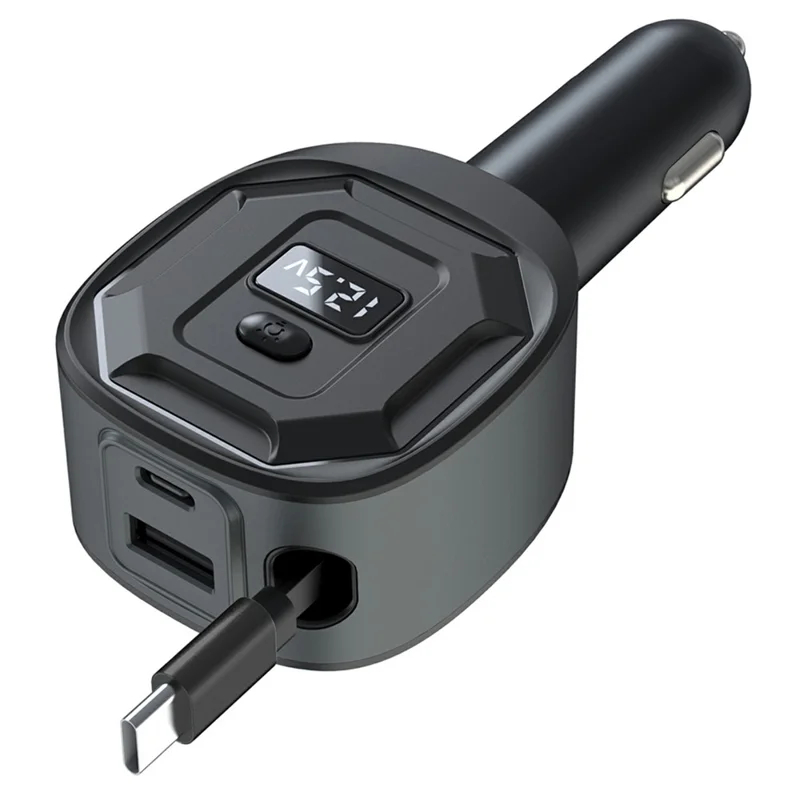 GE10 Voltage Display Car Charger with Retractable Cable PD 65W Fast Charging Adapter Temperature Control Protection - Black