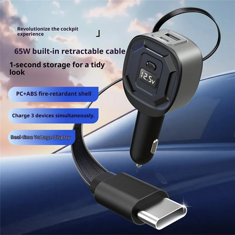 GE10 Voltage Display Car Charger with Retractable Cable PD 65W Fast Charging Adapter Temperature Control Protection - Black