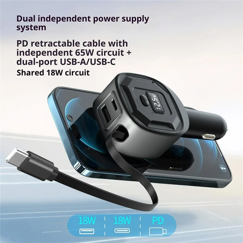 GE10 Voltage Display Car Charger with Retractable Cable PD 65W Fast Charging Adapter Temperature Control Protection - Black