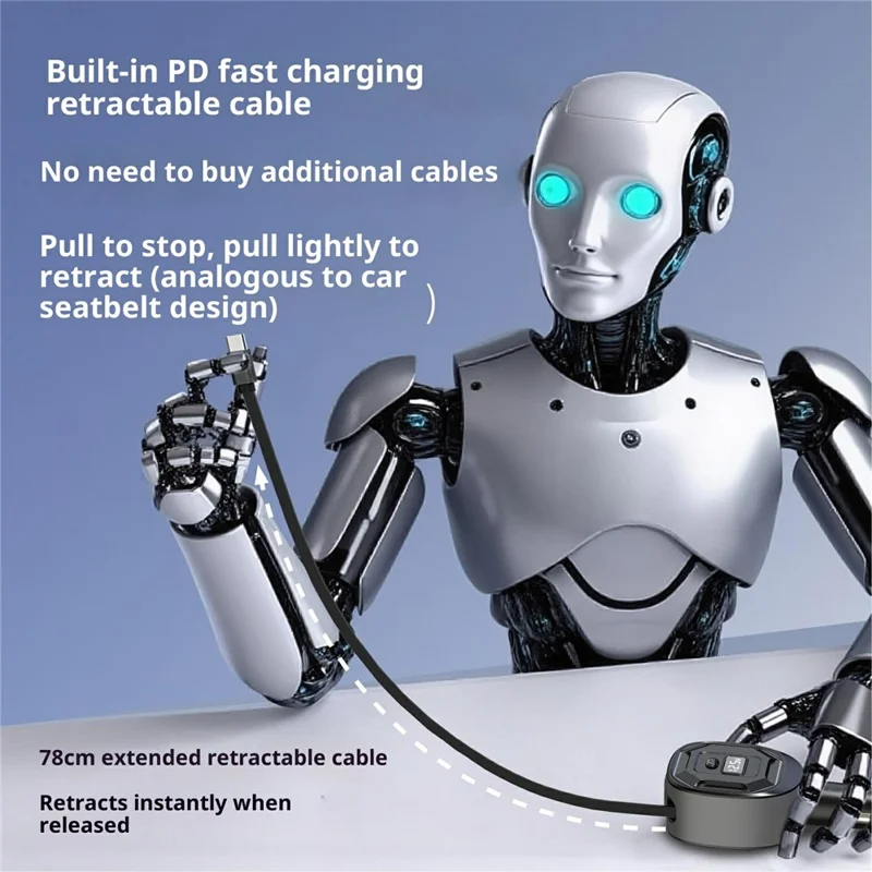 GE10 Voltage Display Car Charger with Retractable Cable PD 65W Fast Charging Adapter Temperature Control Protection - Black