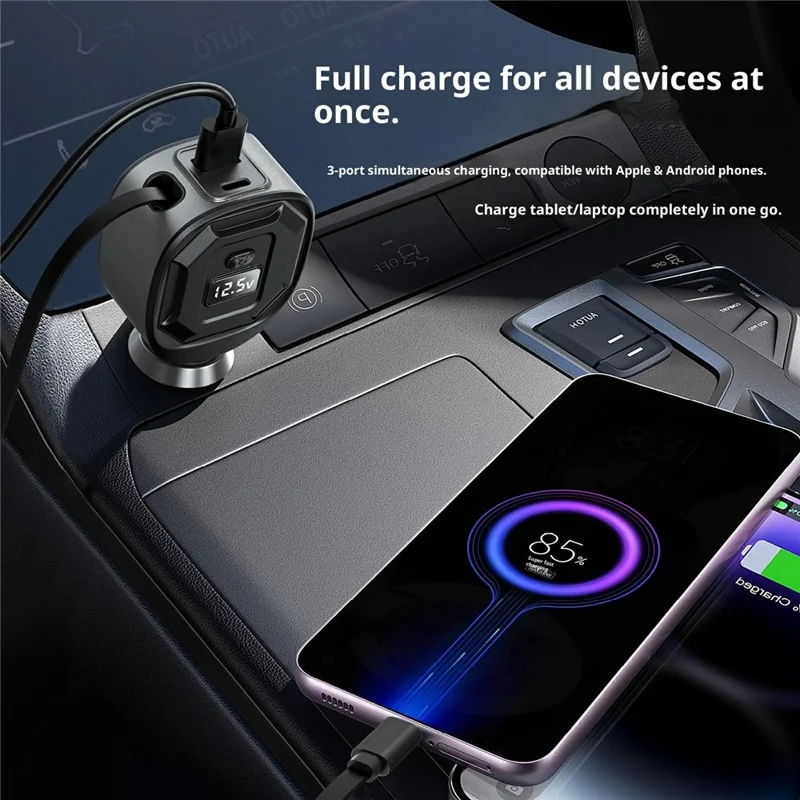 GE10 Voltage Display Car Charger with Retractable Cable PD 65W Fast Charging Adapter Temperature Control Protection - Black