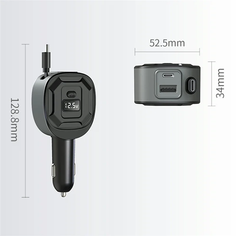 GE10 Voltage Display Car Charger with Retractable Cable PD 65W Fast Charging Adapter Temperature Control Protection - Black