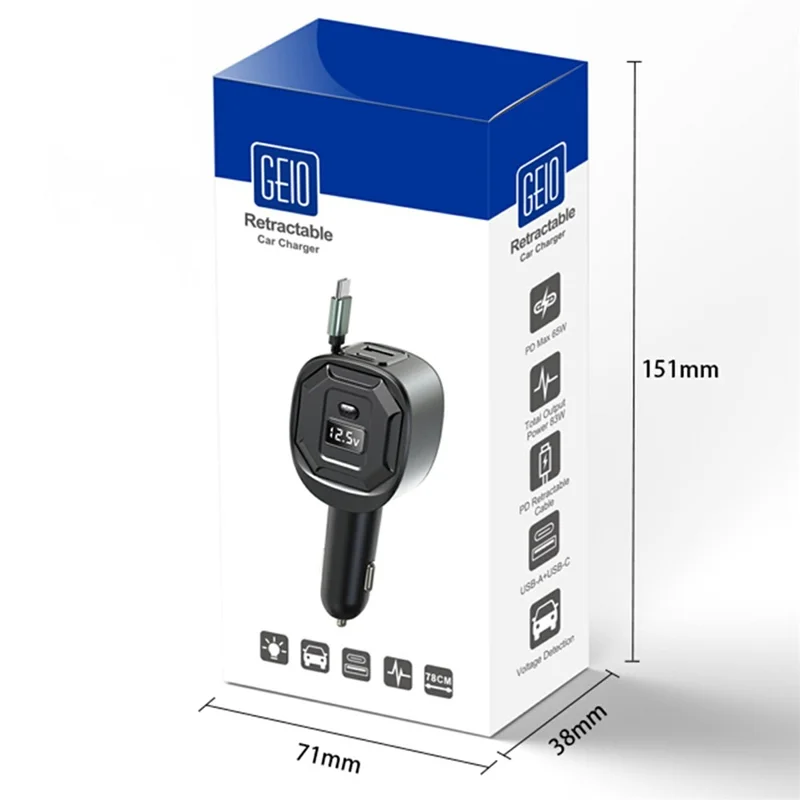 GE10 Voltage Display Car Charger with Retractable Cable PD 65W Fast Charging Adapter Temperature Control Protection - Black
