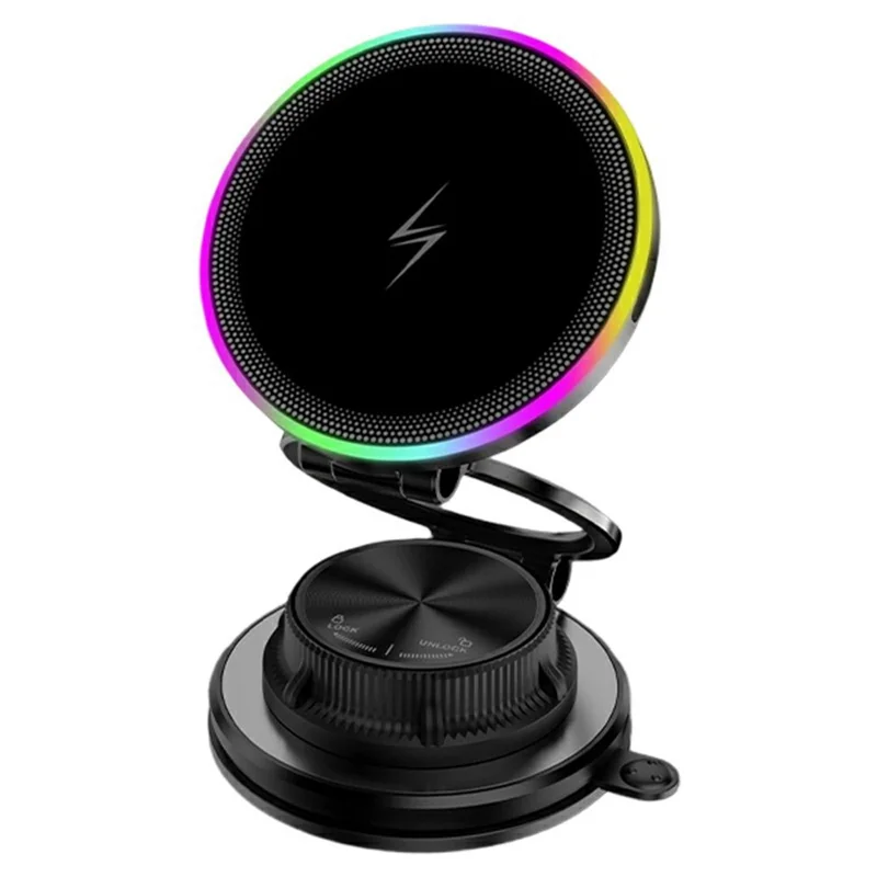 K8 15W MagSafe-Compatible Wireless Car Charger Mount 3-Fold Rotatable Magnetic Phone Holder with RGB Light Vacuum Suction Dashboard Stand