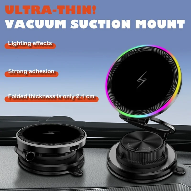 K8 15W MagSafe-Compatible Wireless Car Charger Mount 3-Fold Rotatable Magnetic Phone Holder with RGB Light Vacuum Suction Dashboard Stand