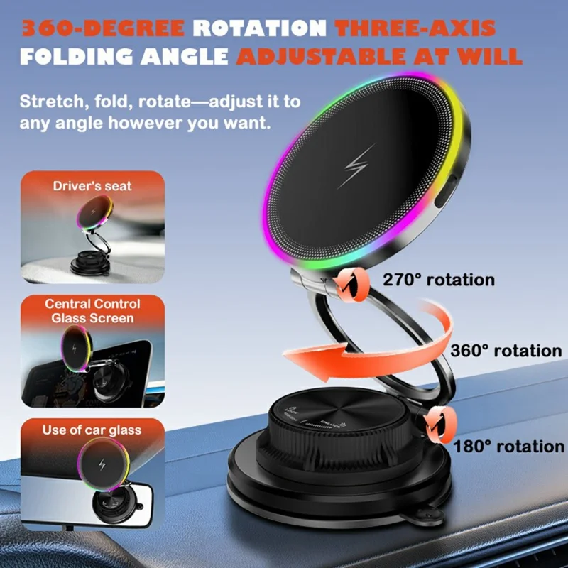 K8 15W MagSafe-Compatible Wireless Car Charger Mount 3-Fold Rotatable Magnetic Phone Holder with RGB Light Vacuum Suction Dashboard Stand