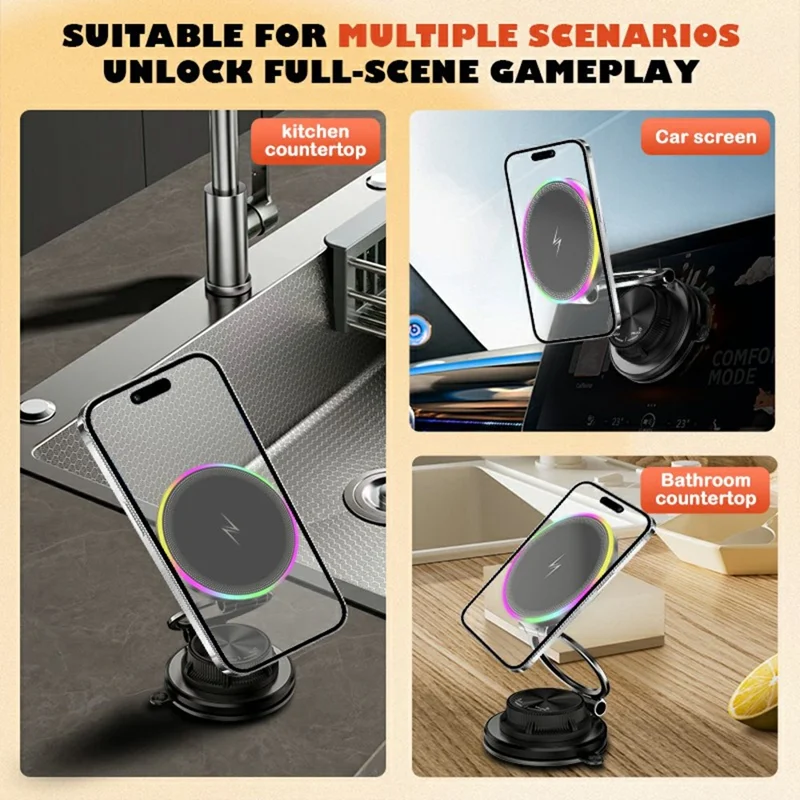 K8 15W MagSafe-Compatible Wireless Car Charger Mount 3-Fold Rotatable Magnetic Phone Holder with RGB Light Vacuum Suction Dashboard Stand