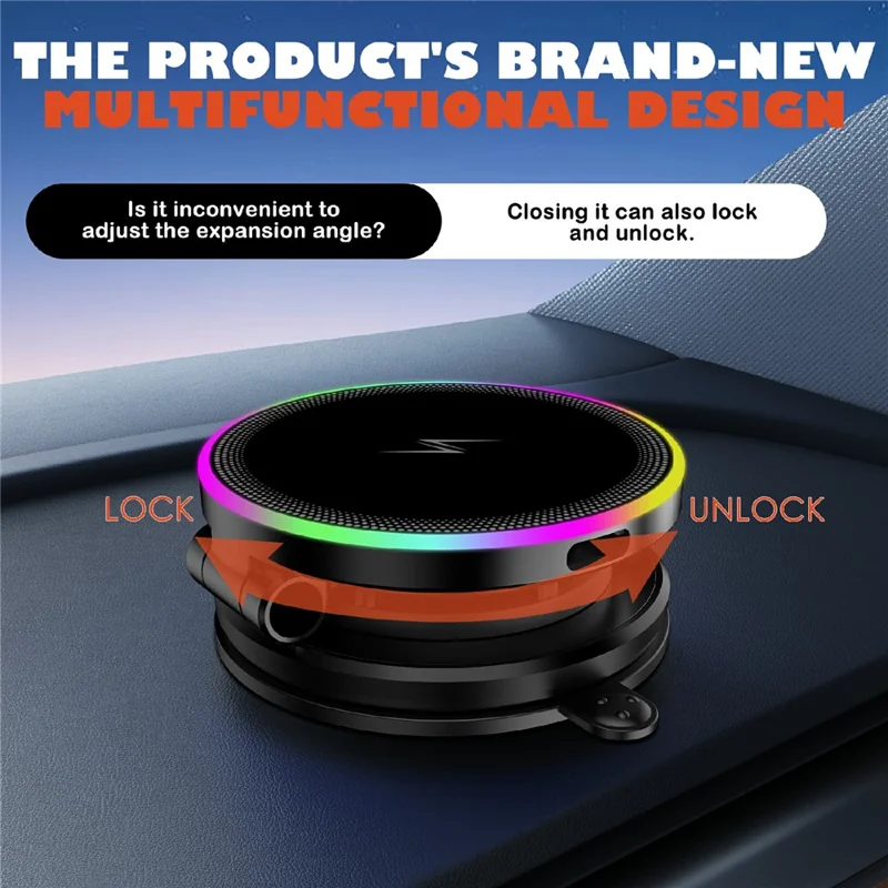 K8 15W MagSafe-Compatible Wireless Car Charger Mount 3-Fold Rotatable Magnetic Phone Holder with RGB Light Vacuum Suction Dashboard Stand