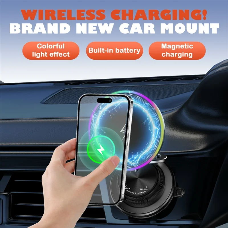 K8 15W MagSafe-Compatible Wireless Car Charger Mount 3-Fold Rotatable Magnetic Phone Holder with RGB Light Vacuum Suction Dashboard Stand