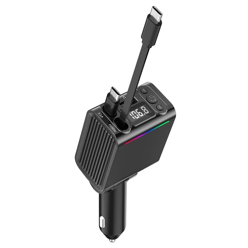 C88 USB Car Charger Cigarette Lighter Adapter with Dual Retractable Cable Bluetooth-Compatible 5.3