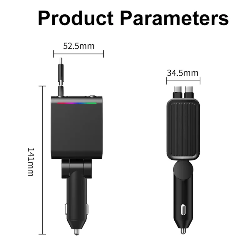 C88 USB Car Charger Cigarette Lighter Adapter with Dual Retractable Cable Bluetooth-Compatible 5.3