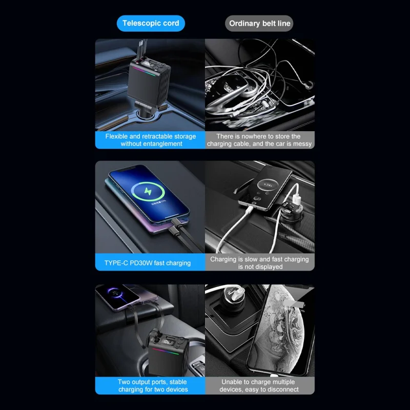 C88 USB Car Charger Cigarette Lighter Adapter with Dual Retractable Cable Bluetooth-Compatible 5.3