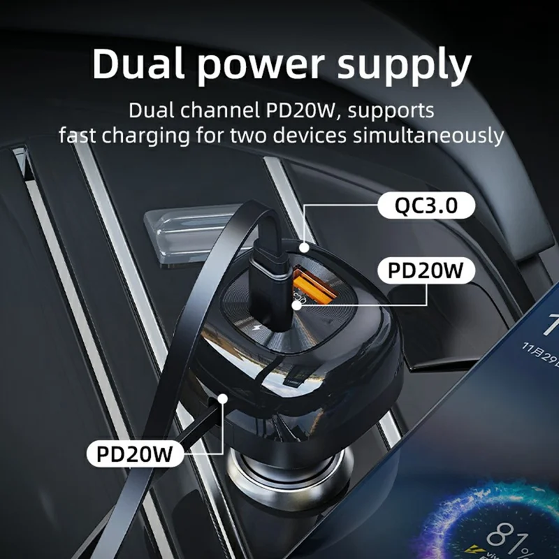 K10 bilophænger med indtrækskabel, flere porte, hurtig opladning, tændstiklighter, PD 20W, QC3.0, dobbelt output - Sort