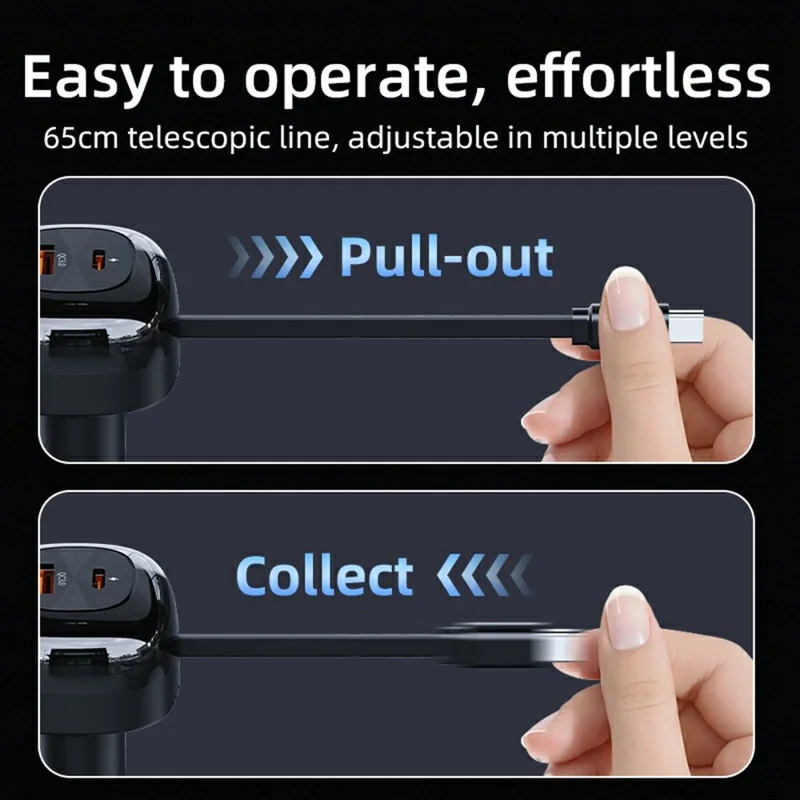 K10 bilophænger med indtrækskabel, flere porte, hurtig opladning, tændstiklighter, PD 20W, QC3.0, dobbelt output - Sort