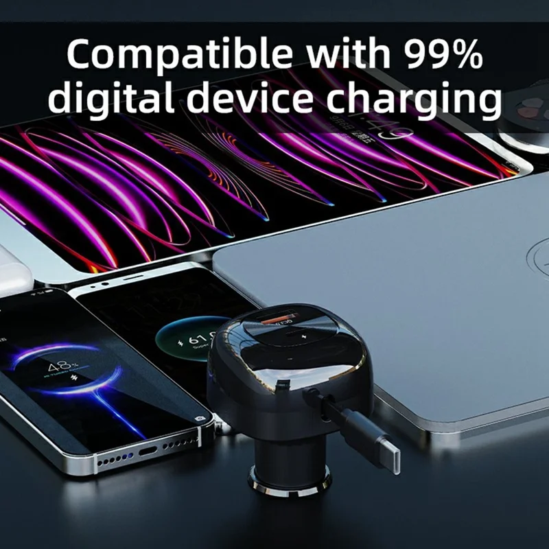 K10 bilophænger med indtrækskabel, flere porte, hurtig opladning, tændstiklighter, PD 20W, QC3.0, dobbelt output - Sort