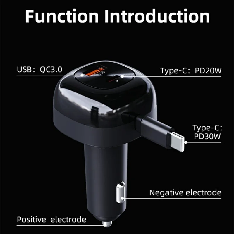 K10 bilophænger med indtrækskabel, flere porte, hurtig opladning, tændstiklighter, PD 20W, QC3.0, dobbelt output - Sort