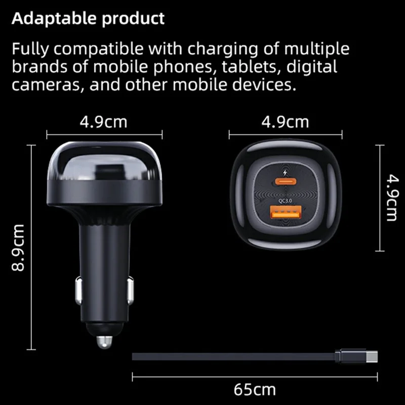 K10 bilophænger med indtrækskabel, flere porte, hurtig opladning, tændstiklighter, PD 20W, QC3.0, dobbelt output - Sort