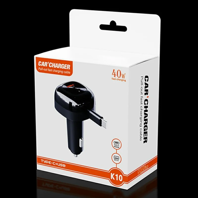 K10 bilophænger med indtrækskabel, flere porte, hurtig opladning, tændstiklighter, PD 20W, QC3.0, dobbelt output - Sort