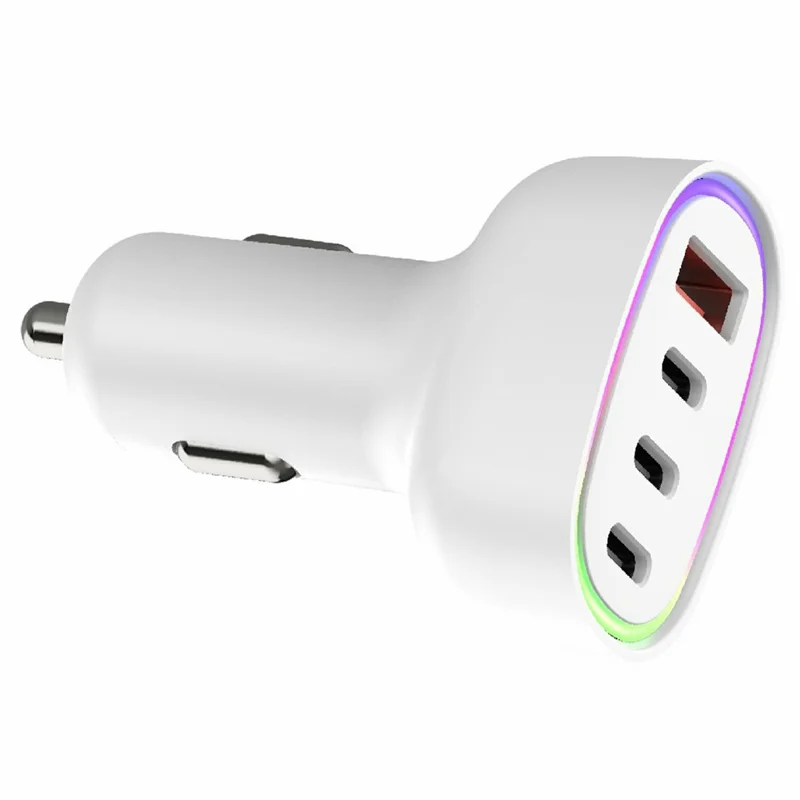 Bulk Purchasing 101W Car Charger 3 Type-C 1 USB-A Multi Port Fast Charging Adapter with RGB LED Light - White