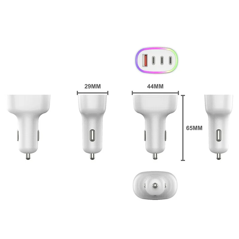 Bulk Purchasing 101W Car Charger 3 Type-C 1 USB-A Multi Port Fast Charging Adapter with RGB LED Light - White