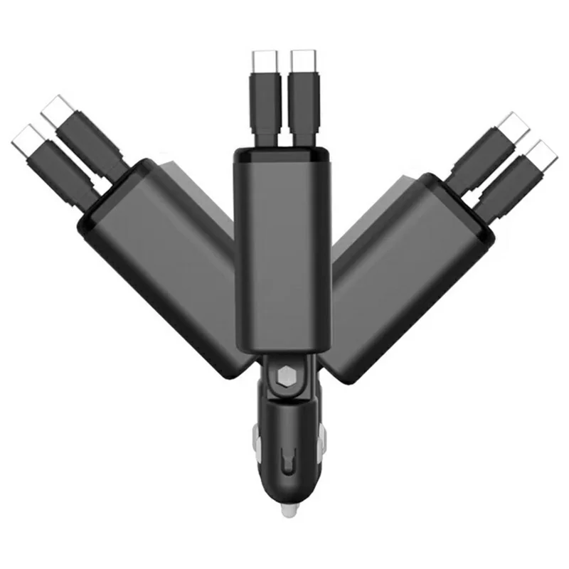 Bulk Purchasing 60W Car Charger 1A + 3C Ports Dual Retractable Cable LED Display Fast Charging For Automotive Use - Black