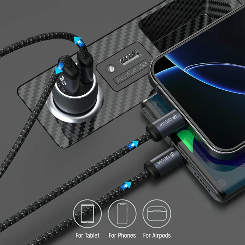 DEVIA EA507 Extreme Speed Series PD 30W + QC3.0 18W Metal Car Charger with 1m Type-C Cable - Dark Grey