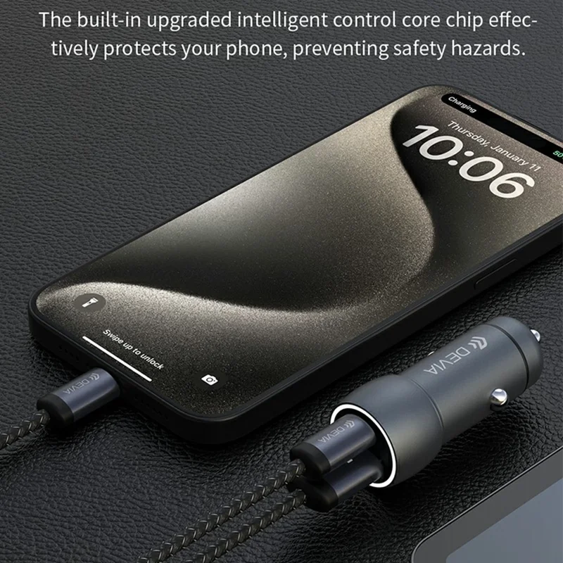 DEVIA EA507 Extreme Speed Series PD 30W + QC3.0 18W Metal Car Charger with 1m Type-C Cable - Dark Grey