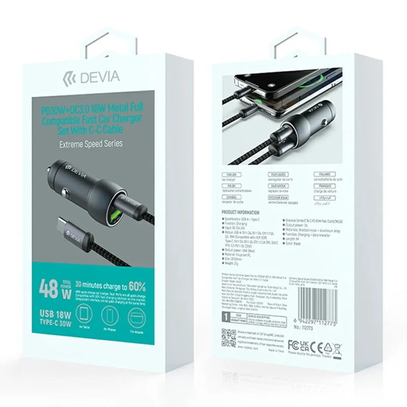 DEVIA EA507 Extreme Speed Series PD 30W + QC3.0 18W Metal Car Charger with 1m Type-C Cable - Dark Grey
