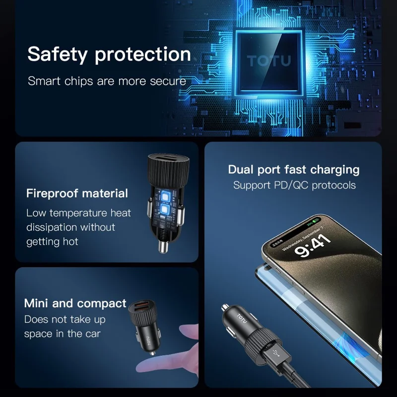 TOTU CC-1 36W Dual USB-A Car Charger Fast Charging Phone Charger Adapter - Black