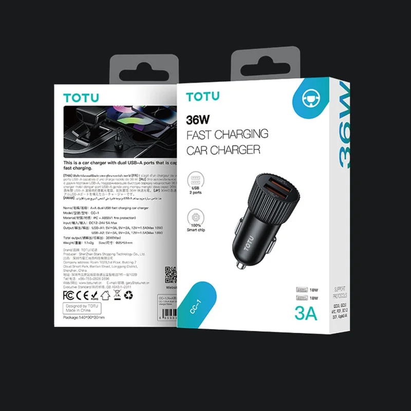 TOTU CC-1 36W Dual USB-A Car Charger Fast Charging Phone Charger Adapter - Black