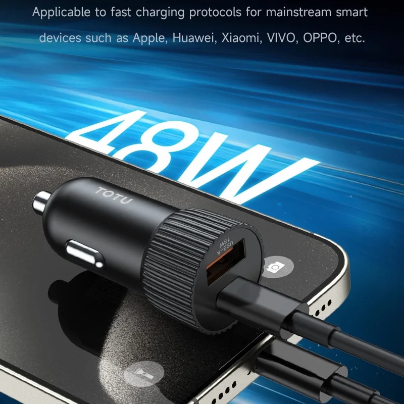 TOTU CC-2 USB-C + USB-A Dual Port 48W Car Charger Fast Charging Phone Adapter - Black
