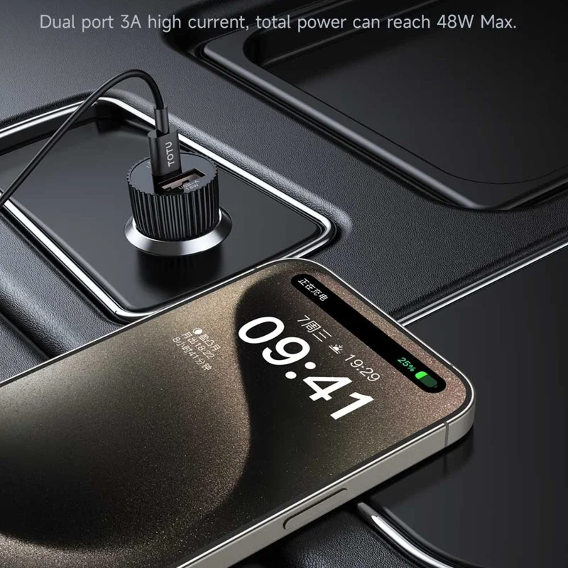 TOTU CC-2 USB-C + USB-A Dual Port 48W Car Charger Fast Charging Phone Adapter - Black