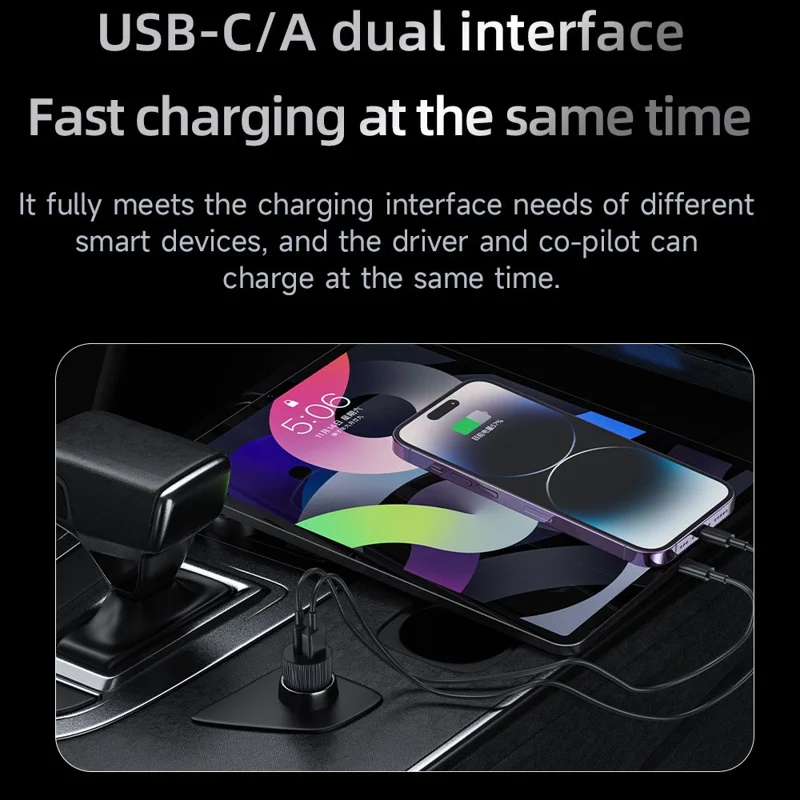 TOTU CC-2 USB-C + USB-A Dual Port 48W Car Charger Fast Charging Phone Adapter - Black