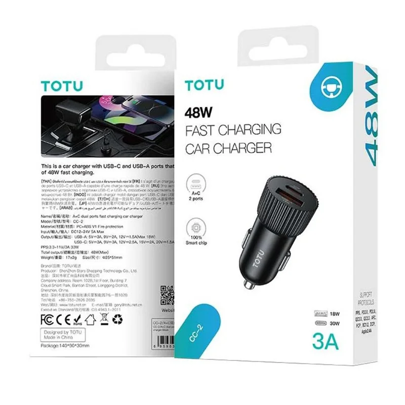 TOTU CC-2 USB-C + USB-A Dual Port 48W Car Charger Fast Charging Phone Adapter - Black