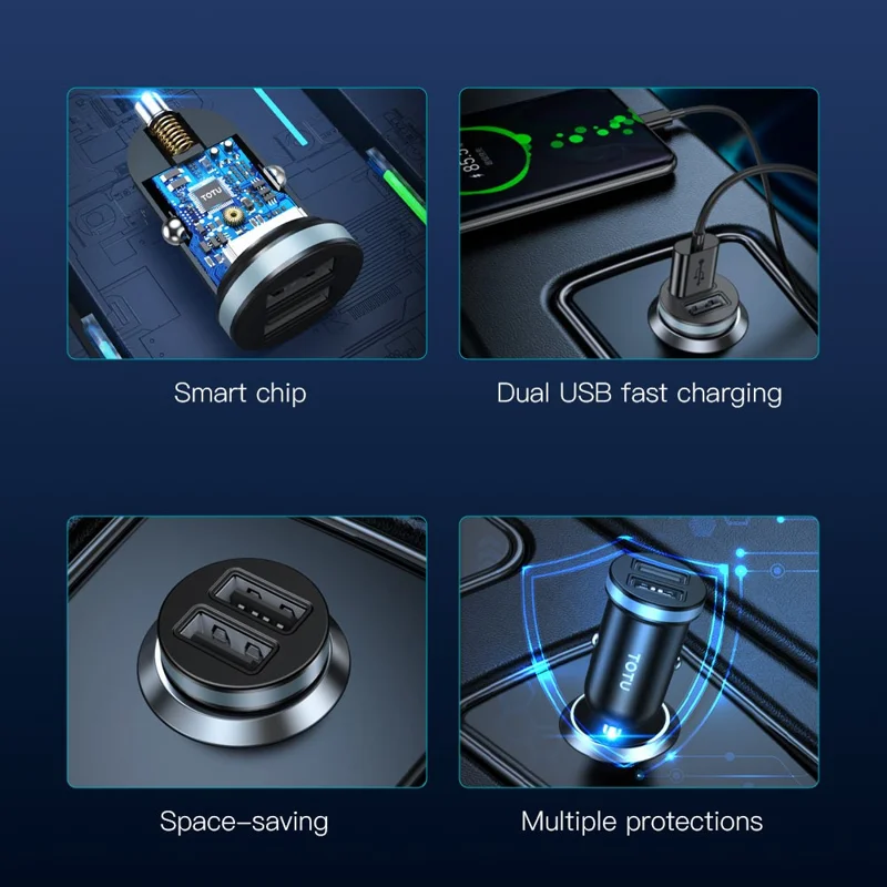 TOTU CC-3 USB-A + USB-A Dual Ports Car Charger 10.5W Fast Charging Phone Charger Adapter - Grey