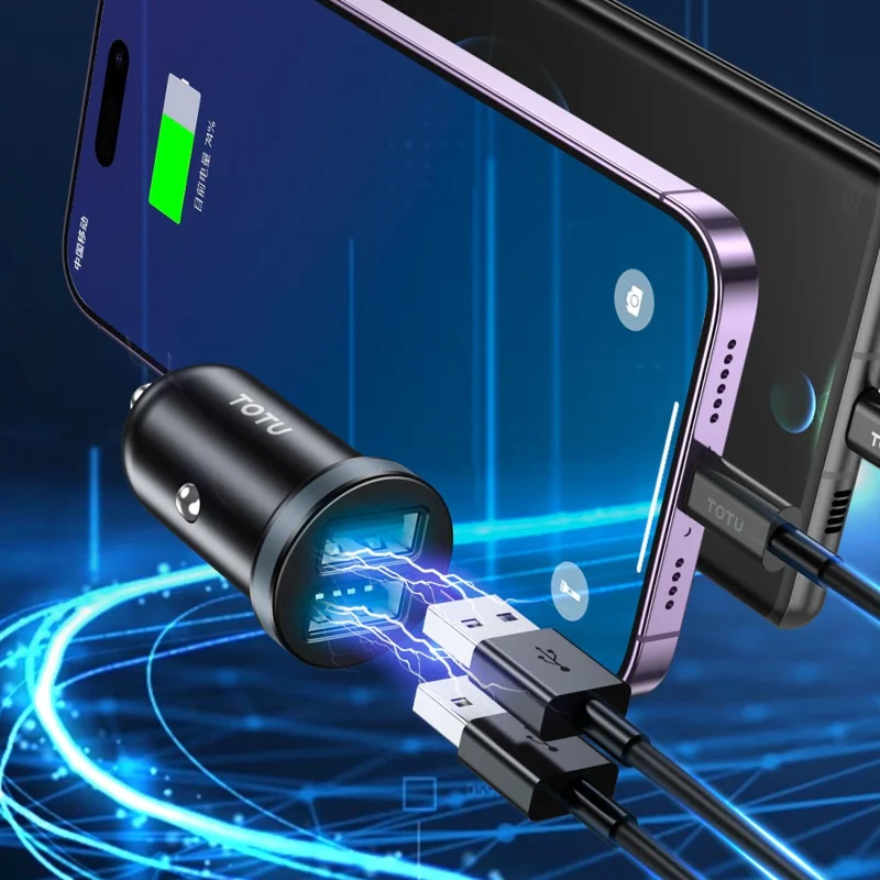 TOTU CC-3 USB-A + USB-A Dual Ports Car Charger 10.5W Fast Charging Phone Charger Adapter - Grey