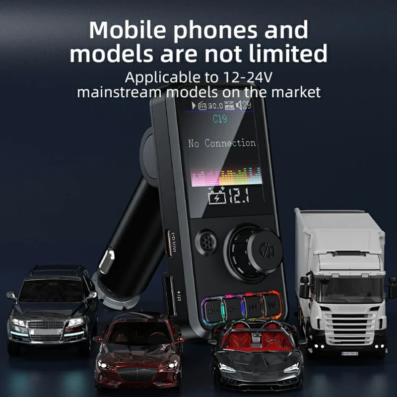 C19 Car Bluetooth-compatible MP3 Player PD 30W Fast Charging FM Radio Transmitter Hands-Free Calls - Black
