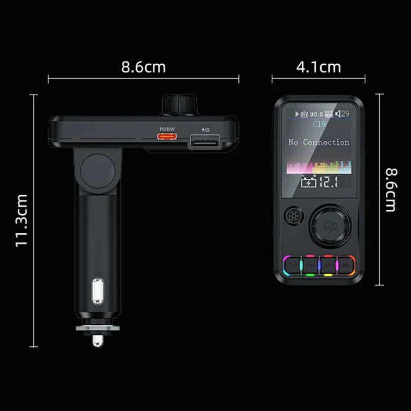 C19 Car Bluetooth-compatible MP3 Player PD 30W Fast Charging FM Radio Transmitter Hands-Free Calls - Black