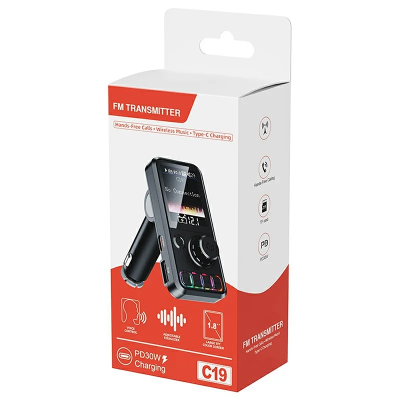 C19 Car Bluetooth-compatible MP3 Player PD 30W Fast Charging FM Radio Transmitter Hands-Free Calls - Black