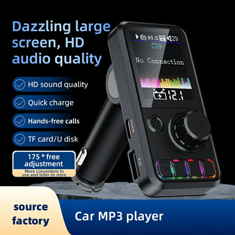 C19 Car Bluetooth-compatible MP3 Player PD 30W Fast Charging FM Radio Transmitter Hands-Free Calls - Black