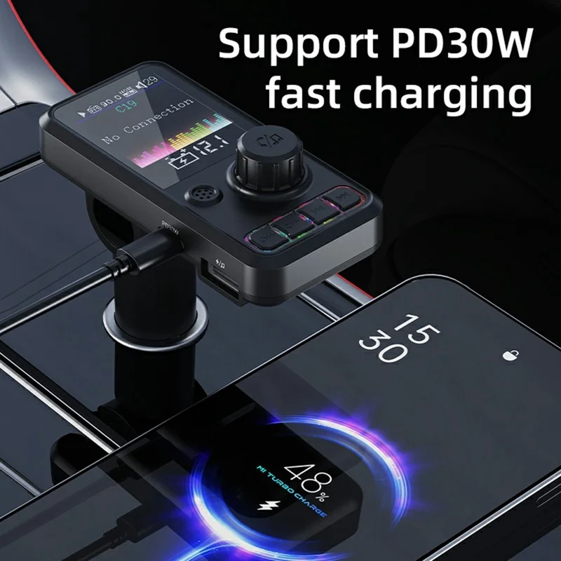 C19 Car Bluetooth-compatible MP3 Player PD 30W Fast Charging FM Radio Transmitter Hands-Free Calls - Black