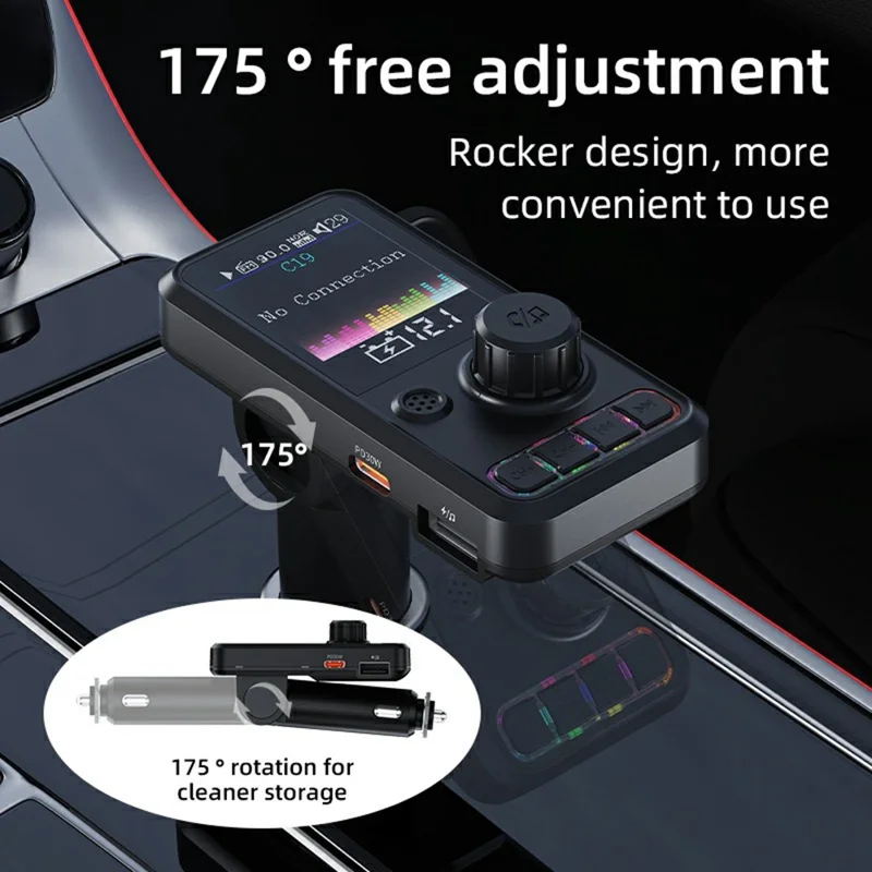 C19 Car Bluetooth-compatible MP3 Player PD 30W Fast Charging FM Radio Transmitter Hands-Free Calls - Black