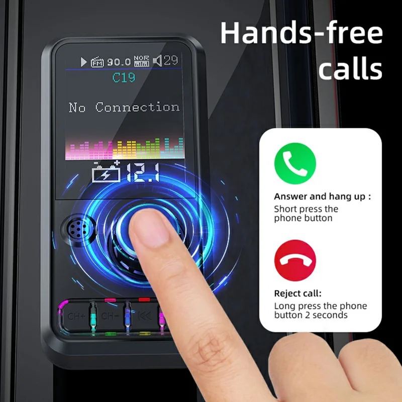 C19 Car Bluetooth-compatible MP3 Player PD 30W Fast Charging FM Radio Transmitter Hands-Free Calls - Black