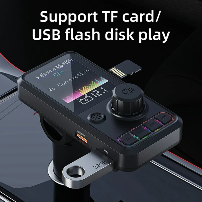 C19 Car Bluetooth-compatible MP3 Player PD 30W Fast Charging FM Radio Transmitter Hands-Free Calls - Black