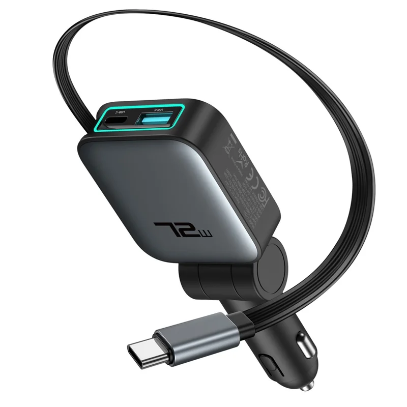 72W Car Charger Retractable Type-C Cable Design 3-in-1 Fast Charging Adapter with 80cm Built-in Cable for Vehicle - Grey