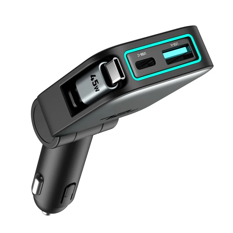 72W Car Charger Retractable Type-C Cable Design 3-in-1 Fast Charging Adapter with 80cm Built-in Cable for Vehicle - Grey